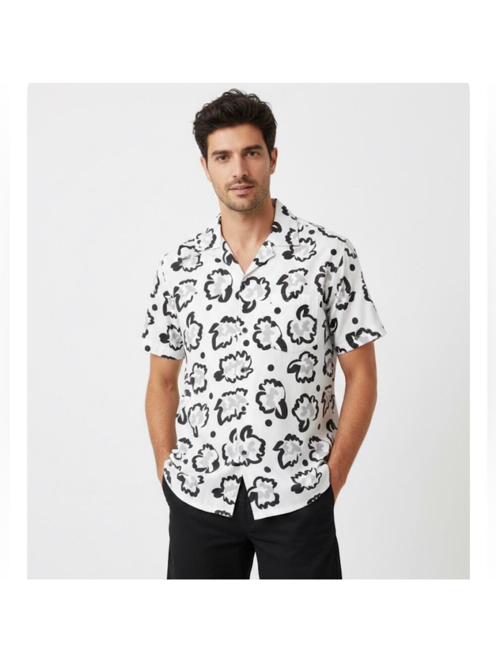 Mr. P Net-A-Porter Men’s Black and White Floral Short Sleeve Button Down Shirt M